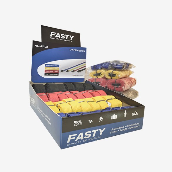 450100  Fasty All-Pack Displaykartong (4X10 St. Blå, Gul, Röd & Svart).